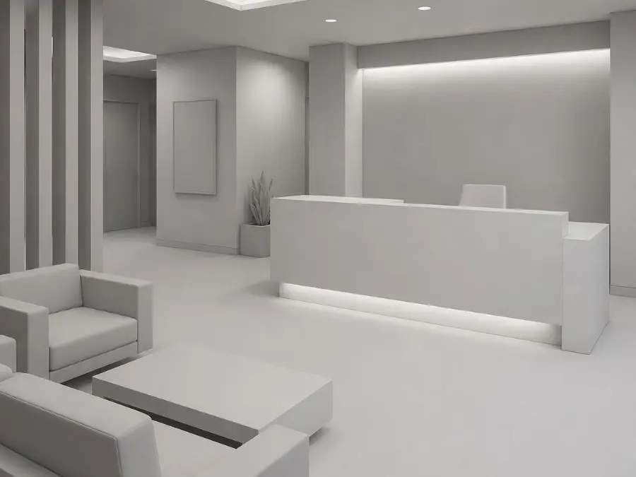 Render 3D de recepción de negocio en Madrid